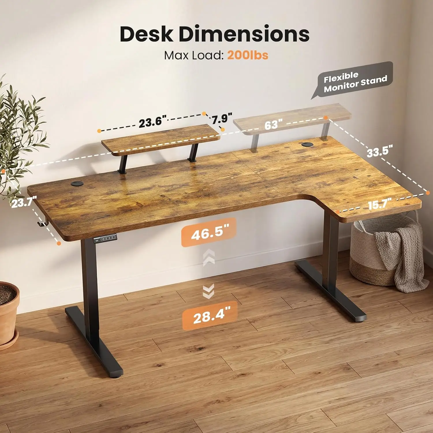 L-Shaped Standing Desk 63 Inch Adjustable Corner Desk with Monitor Stand, Electric Sit Stand Table Memory Controller Home Office