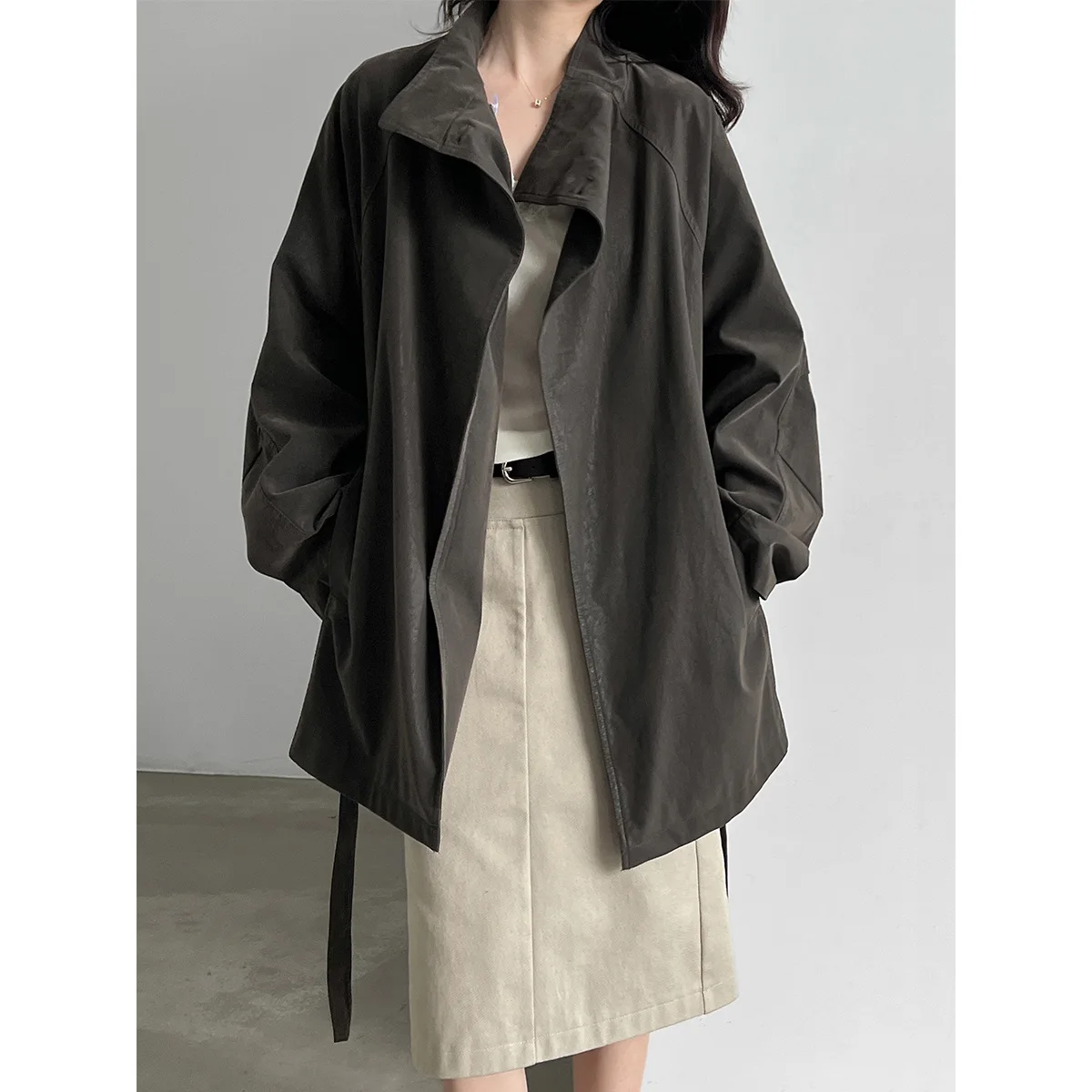 Women Autumn Pu Leather Trench Coat Stand Collar Midi Length Design Pu Trench Coat Femme Casaco Abrigo Streetwear