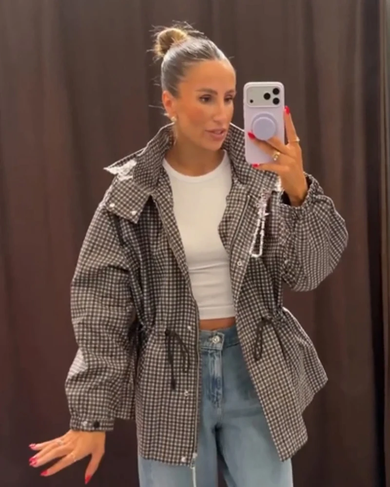 Damenmantel Langarm-Karo-Kapuzenjacke für Frauen 2026 Neue Mode Herbst Winter Lässige Schicke Damen-Oberbekleidung – Detail 5