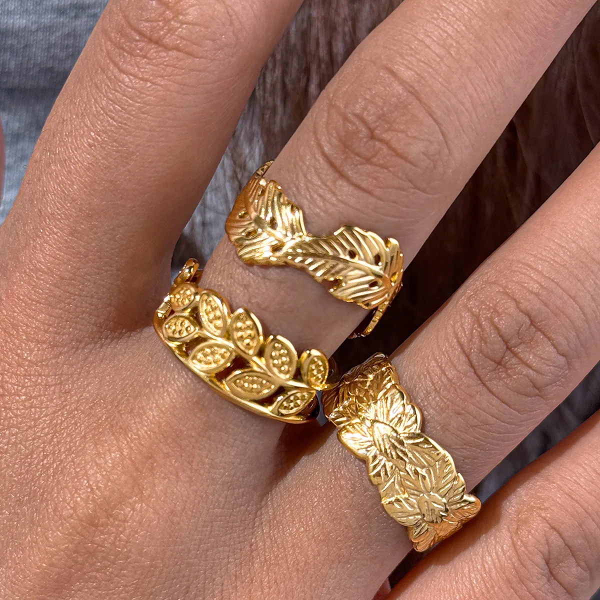 

Personalized Plated Gold Leaf Stainless Steel Ring for Women's Punk Jewelry Party Adjustable Opening Ring Pastoral Classic Style