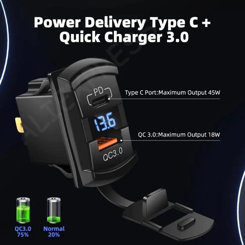 New54W USB Rocker Switch USB-C Charger Socket With Waterproof Cover PD & QC3.0 12V/24V LED Voltmeter For On Marine Rv Vehicles