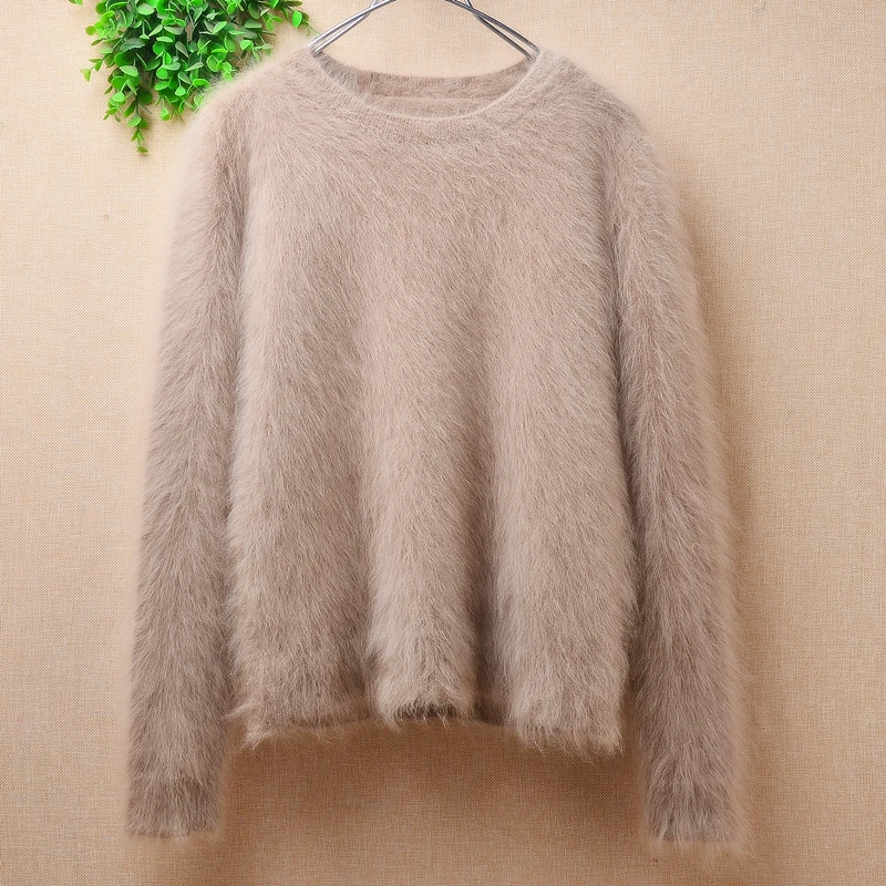 01 Female Women Fall Winter Clothing Hairy Mink Cashmere Knitted O-Neck Slim Blouses Pullover Angora Fur Jumper Sweater Pull Top