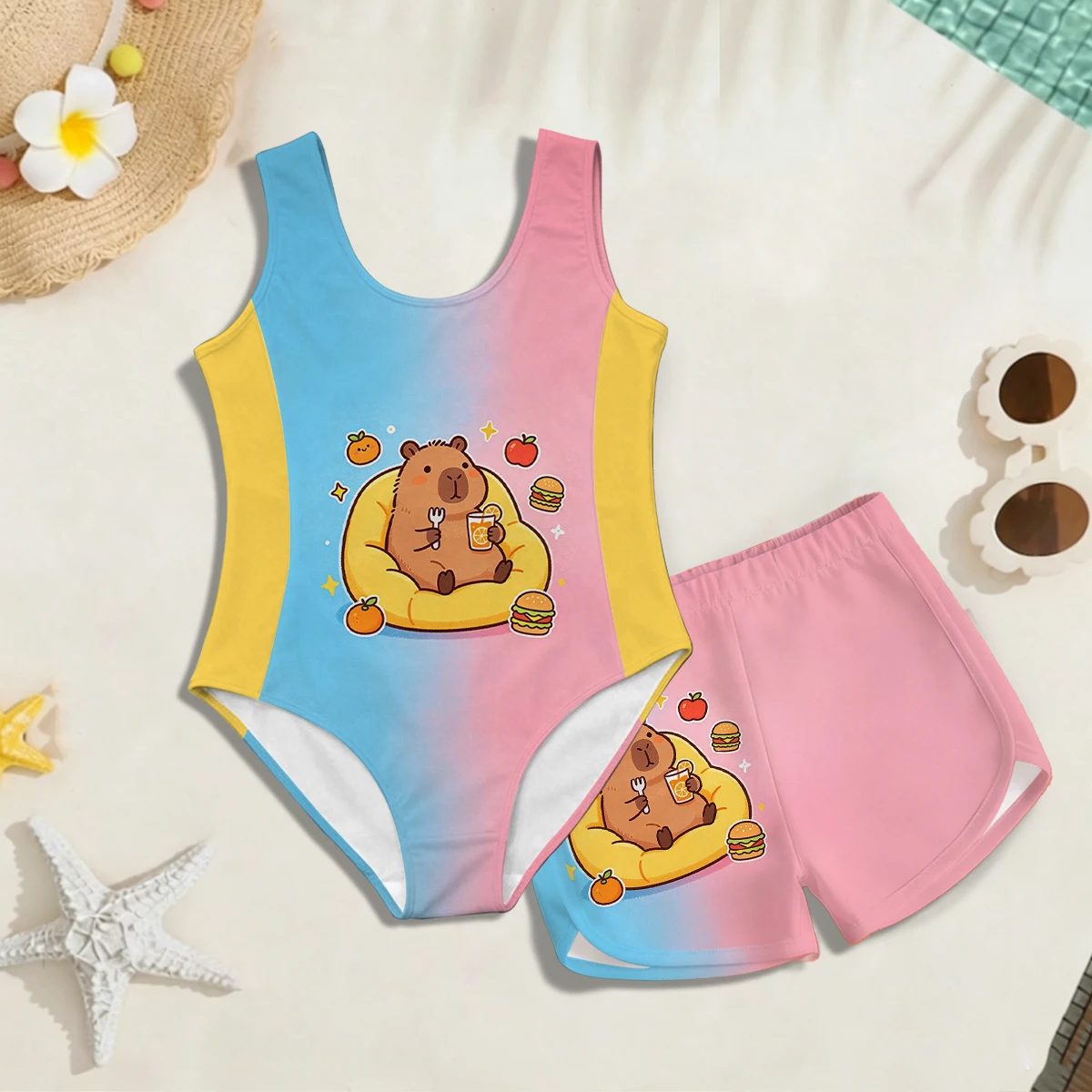 Girls' Summer Atmospheric Capybara Fashion Two-piece Swimsuit