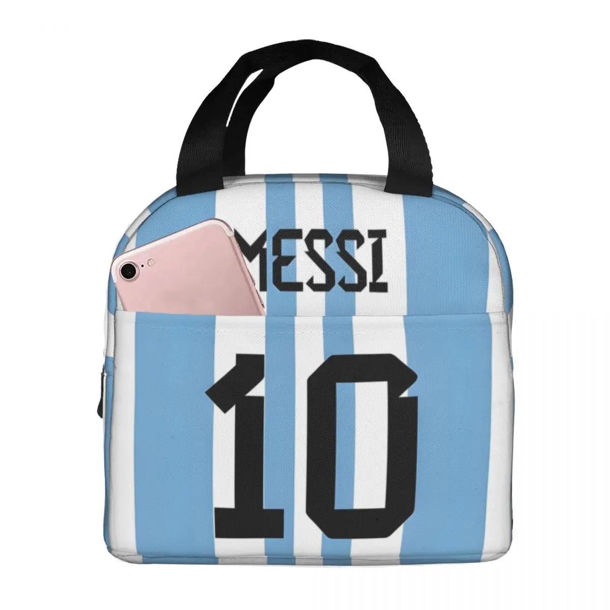 Voetbalster Messi Num 10, geïsoleerde lunchtas, lekvrij, cartoon lunchcontainer, koeltas, draagtas, lunchbox, werkpicknick, voedselzak