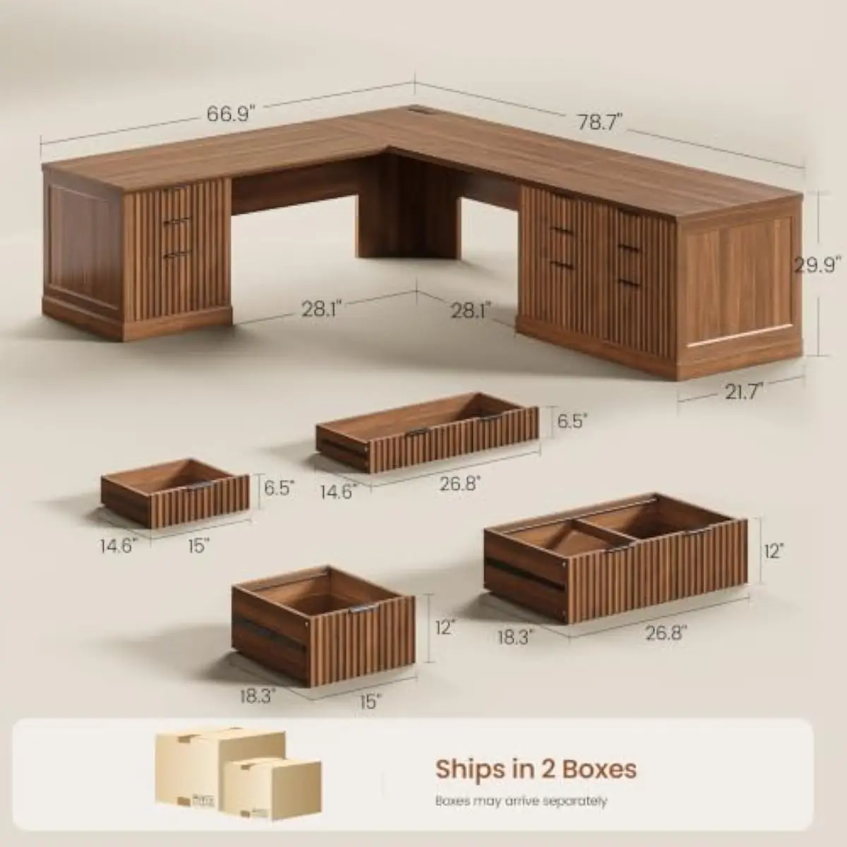 L Shaped Executive Desk 78.8 Inch with Fluted Wood Grain Surface Built In 4 Outlet 2 USB Charging Station Spacious Corner Design