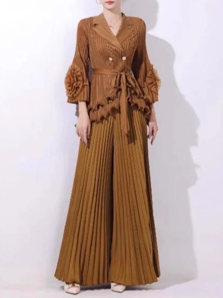 

ANLAN Pleated 2 Pieces Set Women 3D Flowers Square Collar T Shirt + A Line Loose Wide Leg Pants New 2025 Female Clothing 2AN9537