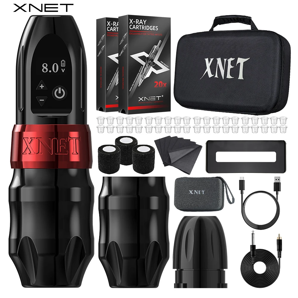 

XNET Titan 2024 Беспроводная тату-машинка Полный комплект Corless Motor 2400 мАч Батарея Смешанный картридж для татуировки Принадлежности для татуировки