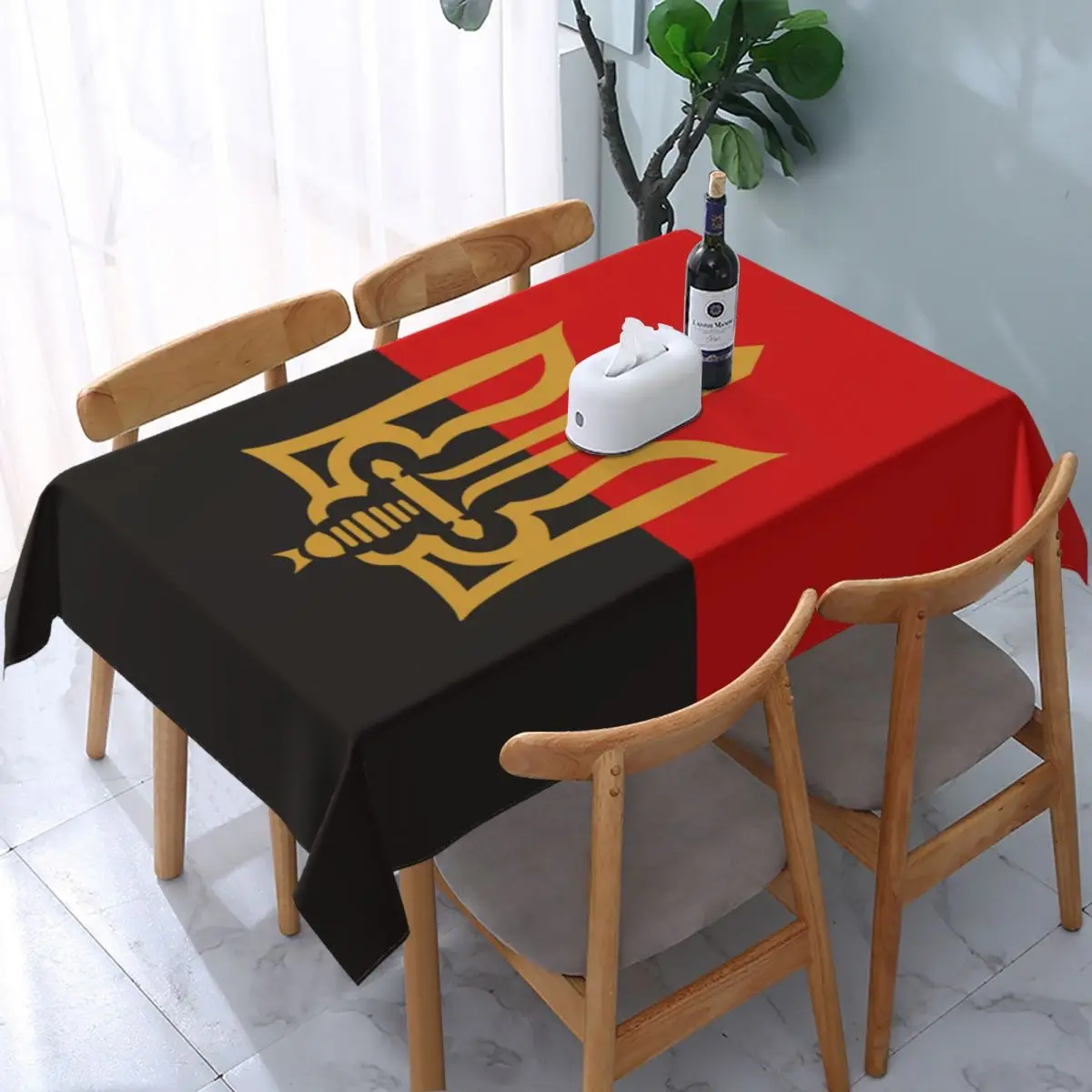 Rectangular Fitted Stylized Tryzub And Red Black Table Cloth Waterproof Tablecloth 45