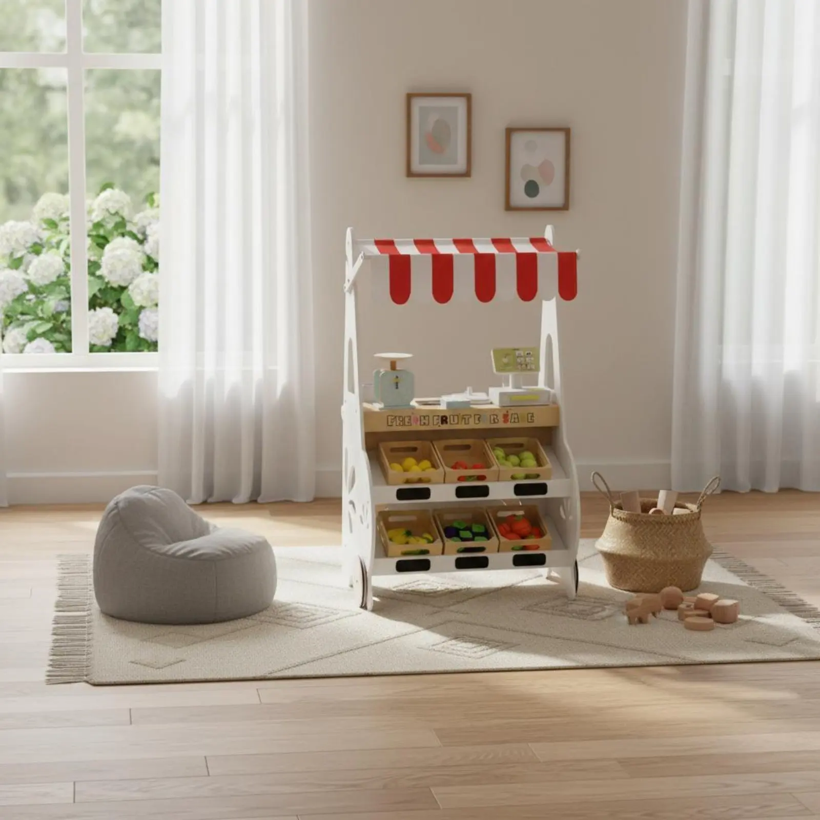 Pretend Fruit Shop Educational Wooden Fruit Stand Wooden Market Stand Interactive Child-Safe Materials for Preschoolers