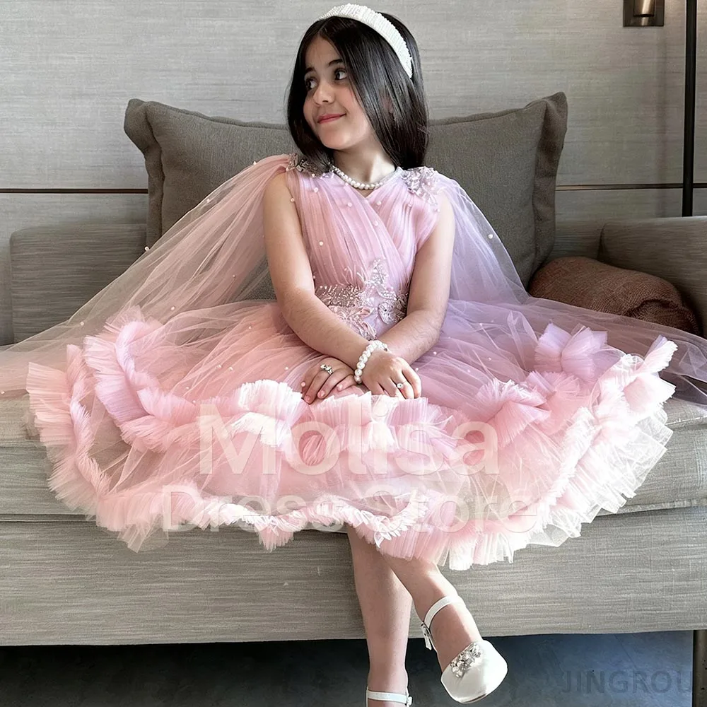 

Pink Puffy Flower Girl Dresses Pearls Dress For Girls A-line Birthday Dress Lace Applique Girl Princess Dress Cute Kids' Dresses