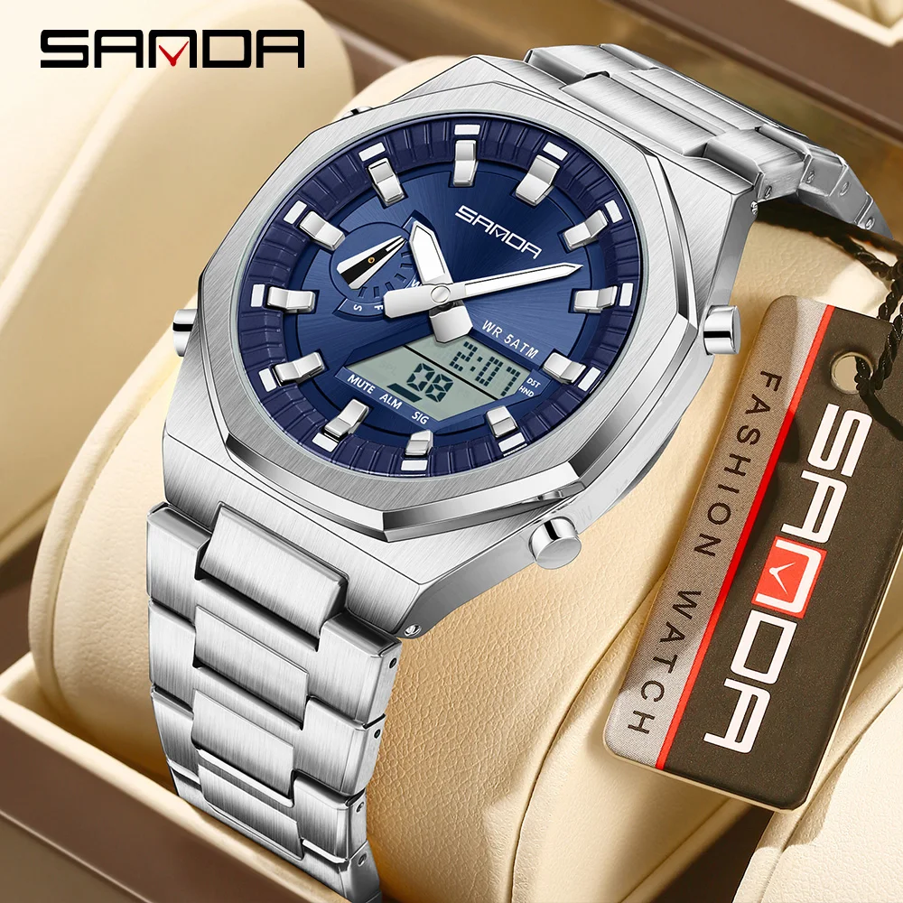 SANDA New 3376 Sport Multifunctional Waterproof LED Dual Display Men's Watch Fashion Men's Electronic Watch 2025