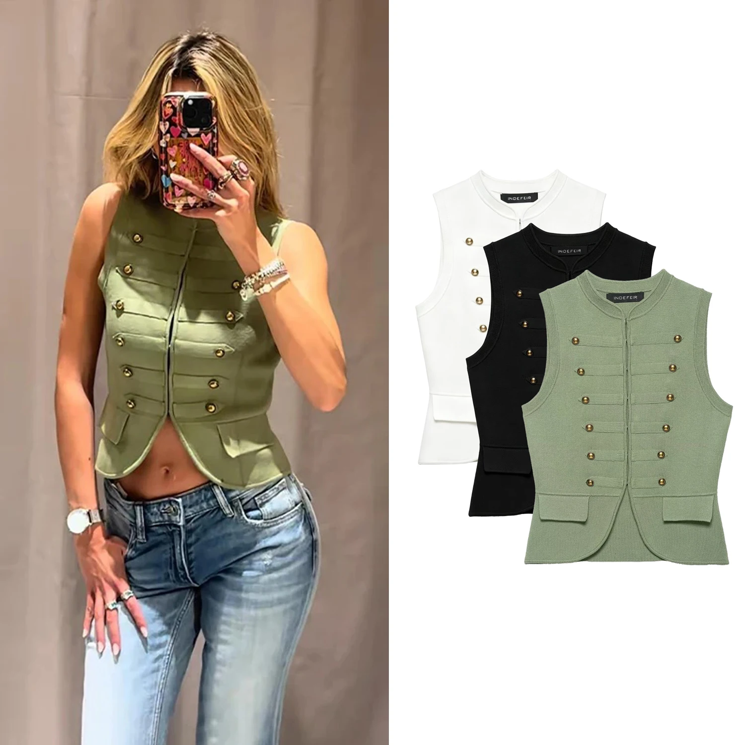 Damen Strick-Napoleon-Weste Schicker Sommer Slim-Fit Ärmellose Weste mit Versteckter Schnalle Retro Damen-Streetwear Strickwaren