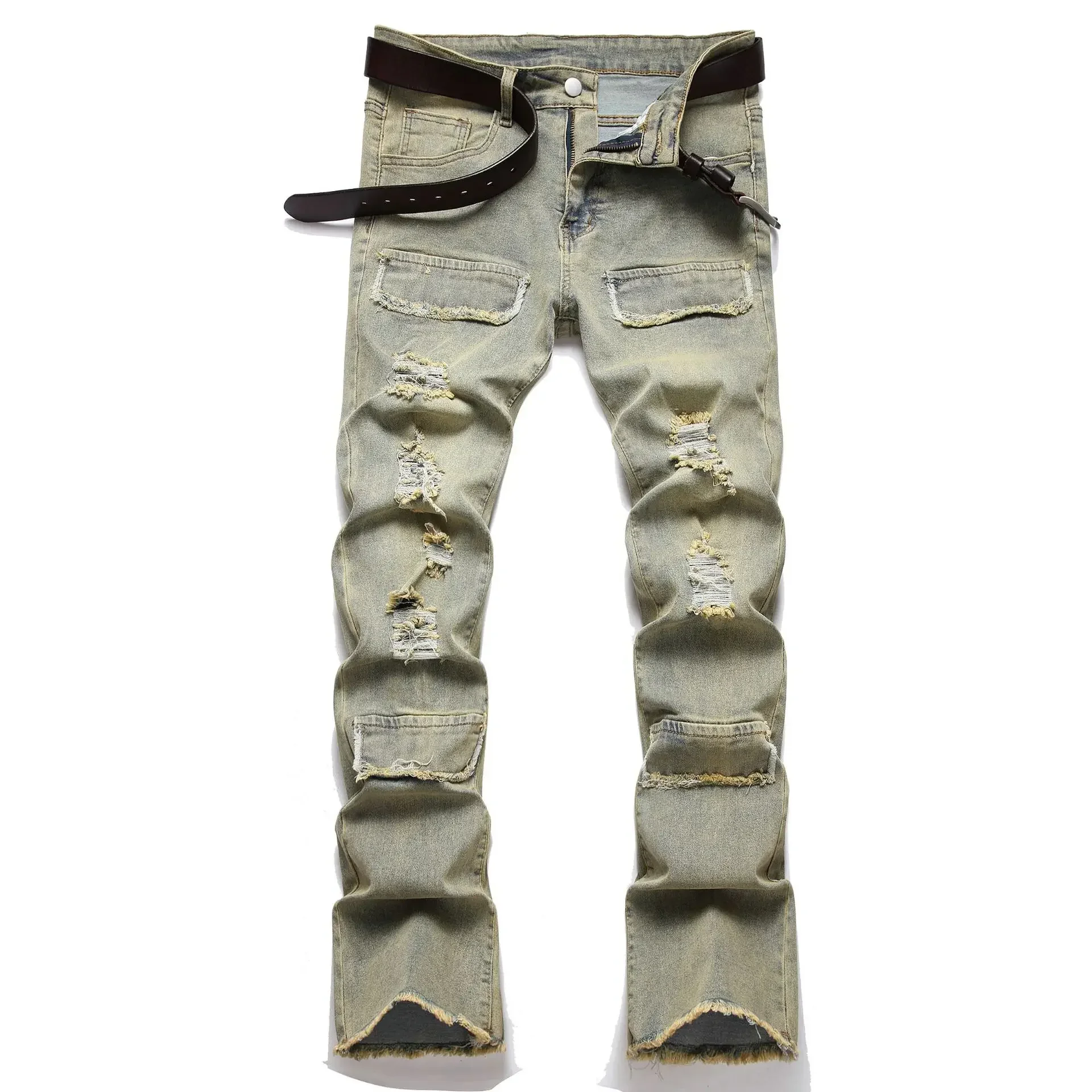 

Pop Four Seasons New Fashion Men's Vintage Slim Hole Patched Retro Blue Skinny Jeans Pants Trendy Casual Stacked Denim Trousers