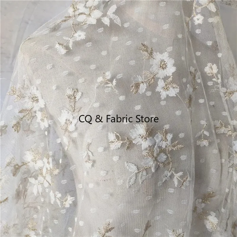 

White Polka Dot Mesh Embroidered Flowers Lace Fabric Tulle Fabric for Wedding Dress Skirt