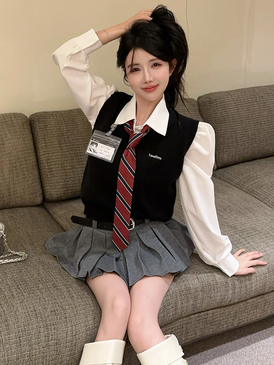 Korean College Style Layered Set Embroidered Vest Slim Shirt Inner High Waist Pleated Skirt Sweet JK Uniform Fashion Ensemble