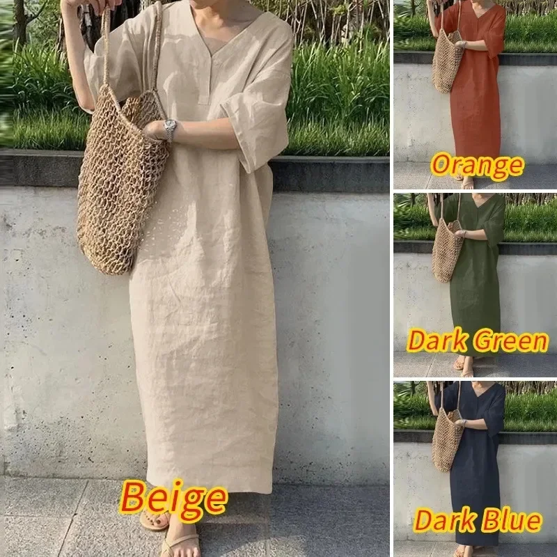 

2025 Spring New Women's Long Dress Casual Solid V Neck Streetwear Loose Dress Korean Fashion Elegant Oversize Robe VintageDress