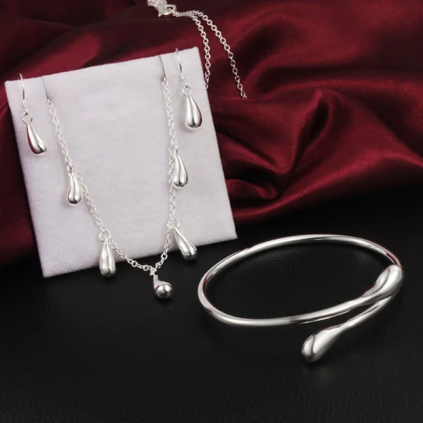 Ensemble de bijoux en argent regardé 925 pour femmes, collier goutte d'eau, boucles d'oreilles, bracelets, bracelet, fête de mariage, cadeaux de mode chauds