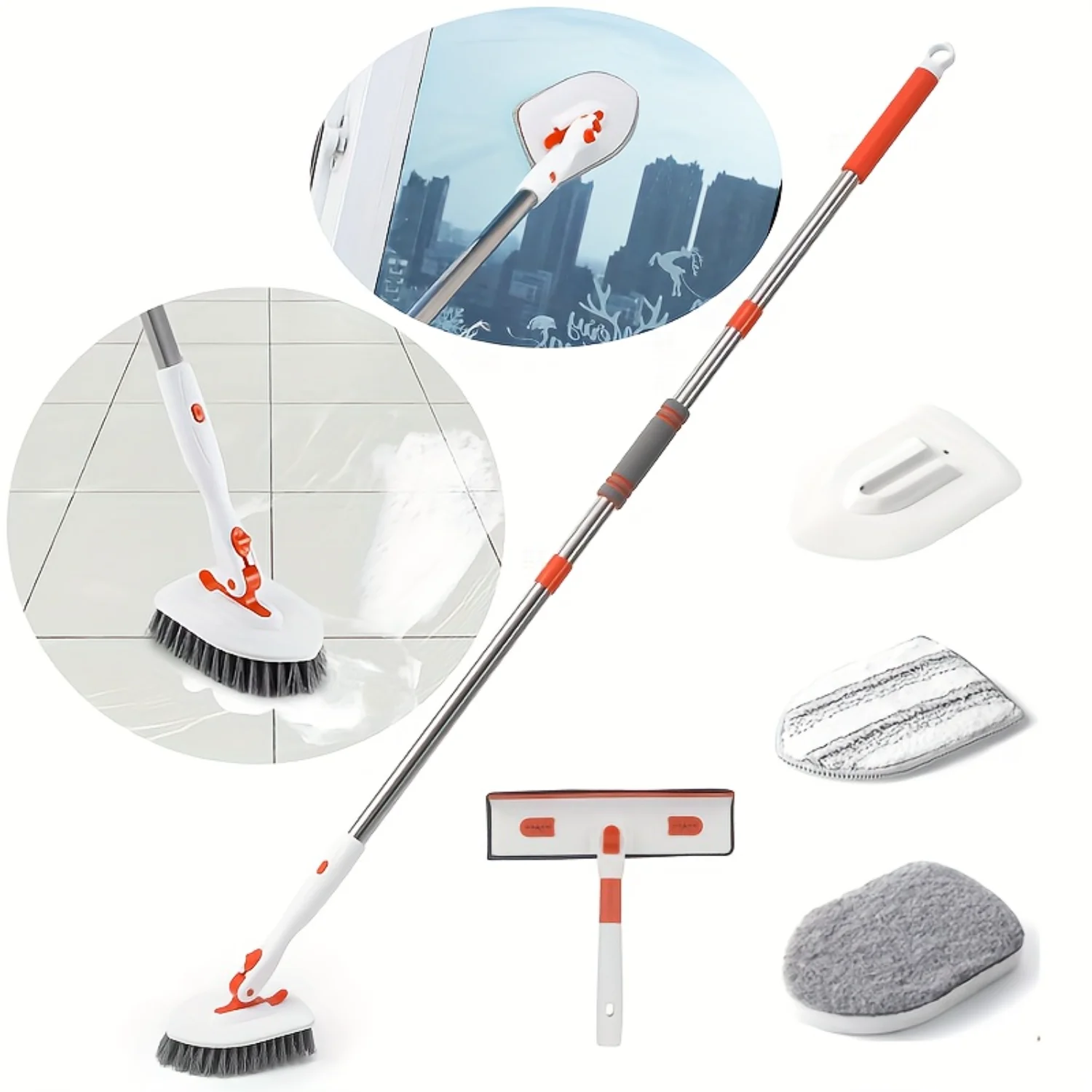 Tile and Bathtub Floor Cleaner Set with 52 Inch Adjustable Handle, Shower Cleaning Brush, Includes Squeegee and 3 Replacement He