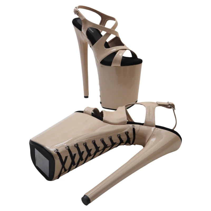 Leecabe 23cm/9inches Patent PU Upper Open Toe Lace-up Platform High Heel Sandals Sexy Model Shoes Pole Dance Shoes