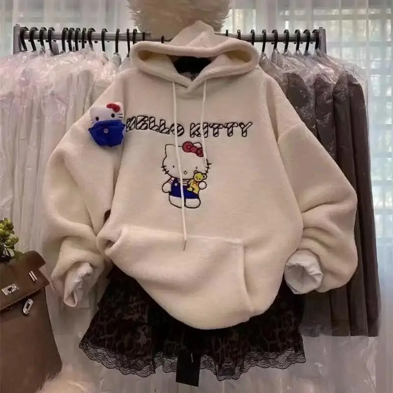 

Милый свитшот Sanrio Kit Cats из овечьей шерсти с капюшоном для женщин, осенне-зимний, новый, мультяшный, свободный, в стиле «ленивый», утолщенный, теплый, уютный топ