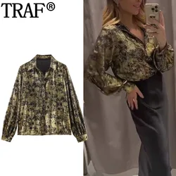 TRAF 2024 Black Gold Shirts For Women Vintage Foil Long Sleeve Shirt Woman Autumn Winter Metallic Button Up Shirts And Blouses