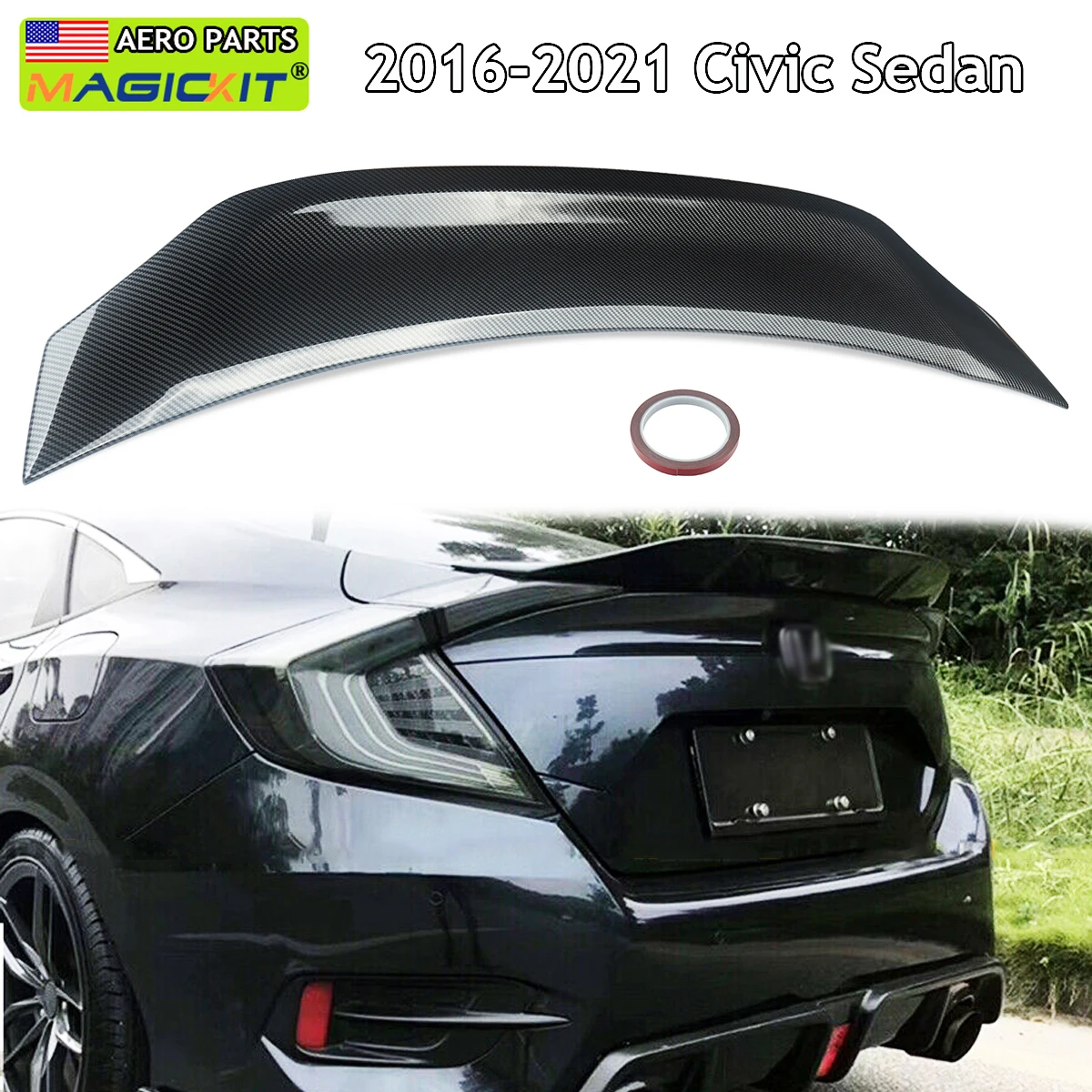 

Carbon Fiber Look R Style Rear Trunk Spoiler Wing For Honda Civic 4DR Sedan 2016-2021 Rear Tail Wing Lip Diffuser Magickit