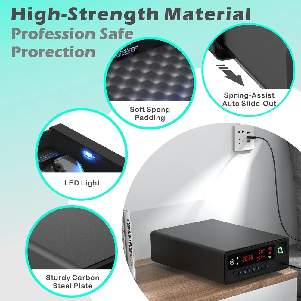 Smart Gun Safe with Security Cable - Biometric Pistol Safe for 2 Handgun 3 Ways Quick Access with Fingerprint/Keypad/Key