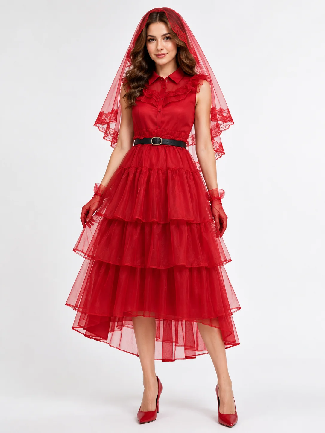 Disfraz de novia fantasma roja de Halloween para mujer, vestido de tul escalonado de manga corta con encaje, guantes, cinturón, atuendo gótico de cosplay para fiesta de carnaval