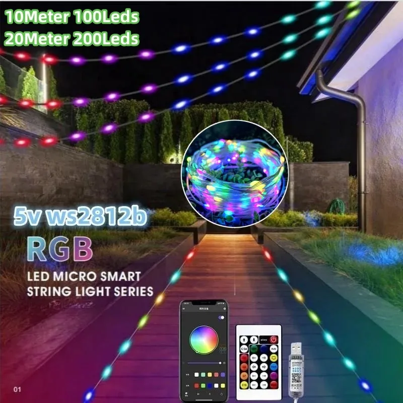 

10 м/20 м Smart Music Sync APP DC5V USB Ws2812b RGBIC Светодиодная лента Водонепроницаемая светодиодная гирлянда Гирлянды для комнаты Рождественский декор