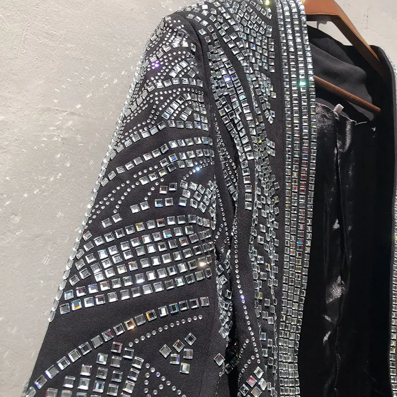 High Quality Luxury Hot Drill Punk Club Outfit Jacket Black Full Rhinestones Jacket Men Jacket Coat Jaqueta Bomber Diamond