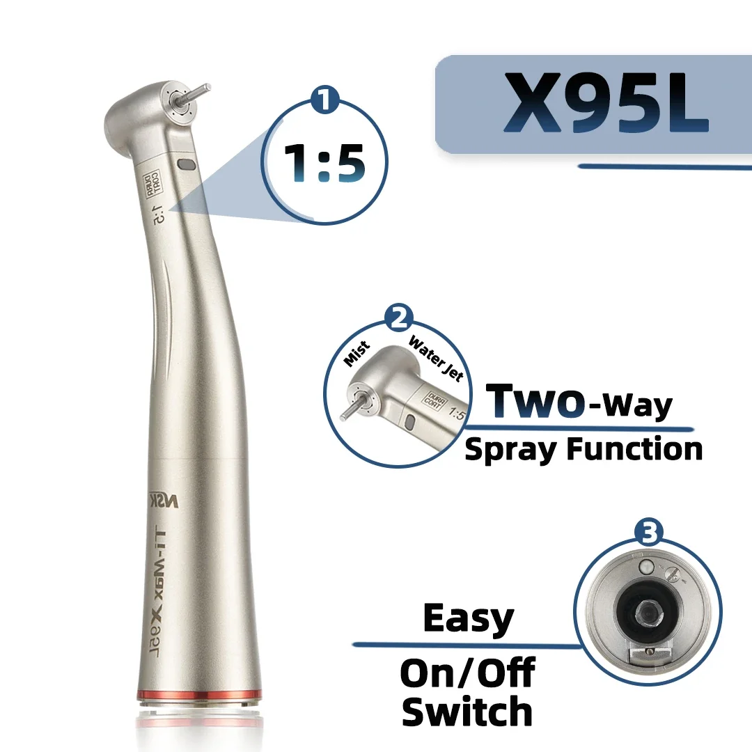 NSK Push Button 1:5 Dental Contra Angle Handpiece Increase Speed Handpiece Mini Head Ti Max X95L Inner Water Spray Red Ring