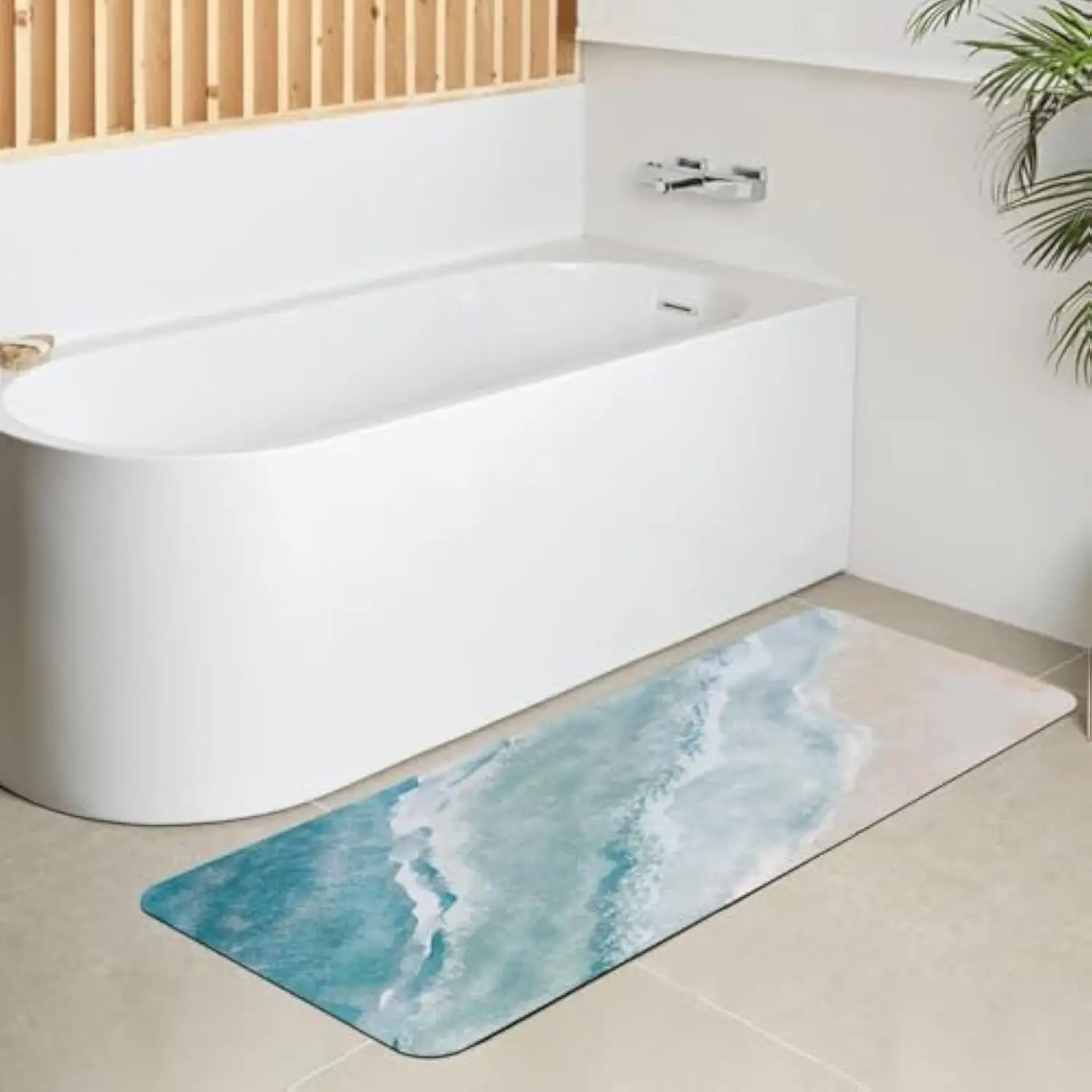 VIKAMA Bath Runner Rug Blue Sea Beach with Waves Decor Non Slip Bath Runner Rug with Rubber Backing Absorbent Quick Dry Bath Mat