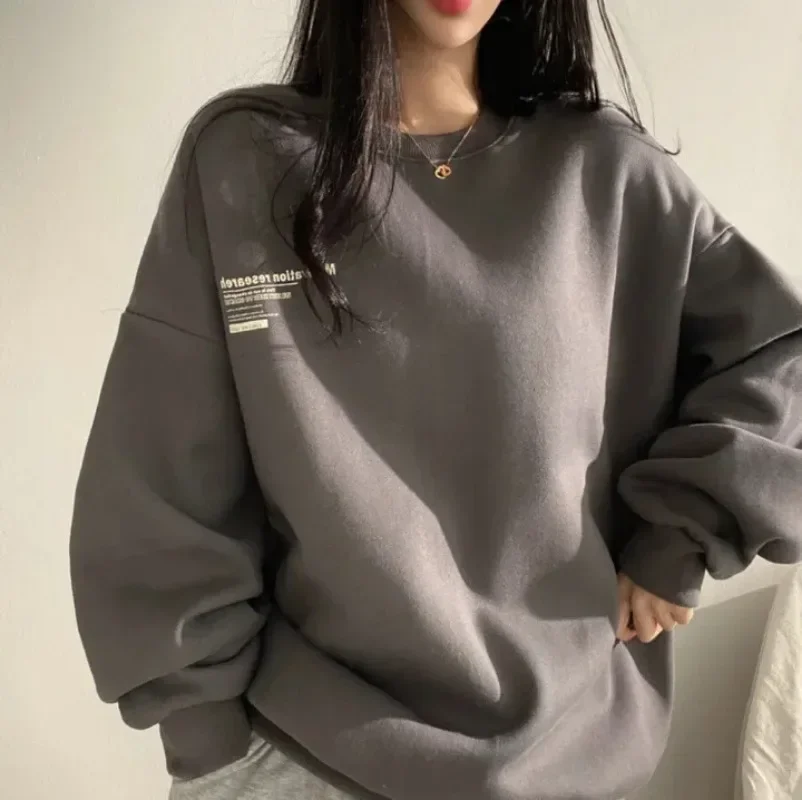 Y2k New Gray Women Oversized Sweatshirts Cotton Letter Print Hoodies Tops O-Neck Long Sleeve Autumn Winter Sweatshirt Pullovers