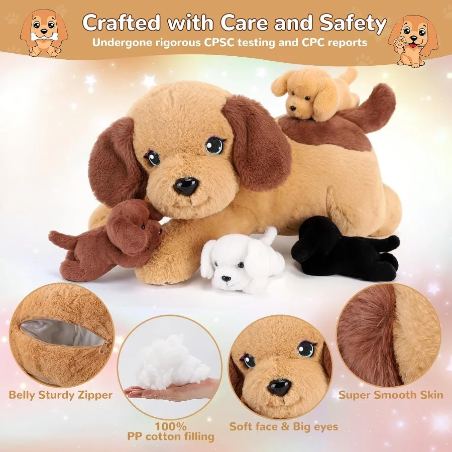 5 Pieces Dog Stuffed Animals with Babies Inside Belly - 1 Mommy Stuffed Dog with 4 Puppy Plush - Soft Pink and White Plush Toy