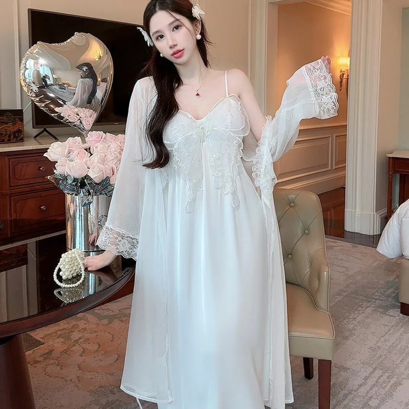 

White Rayon Robe Suit Wedding Party Loungewear Women Elegant Lace Trim Nightgown Spring Summer Sleepwear Spaghetti Strap