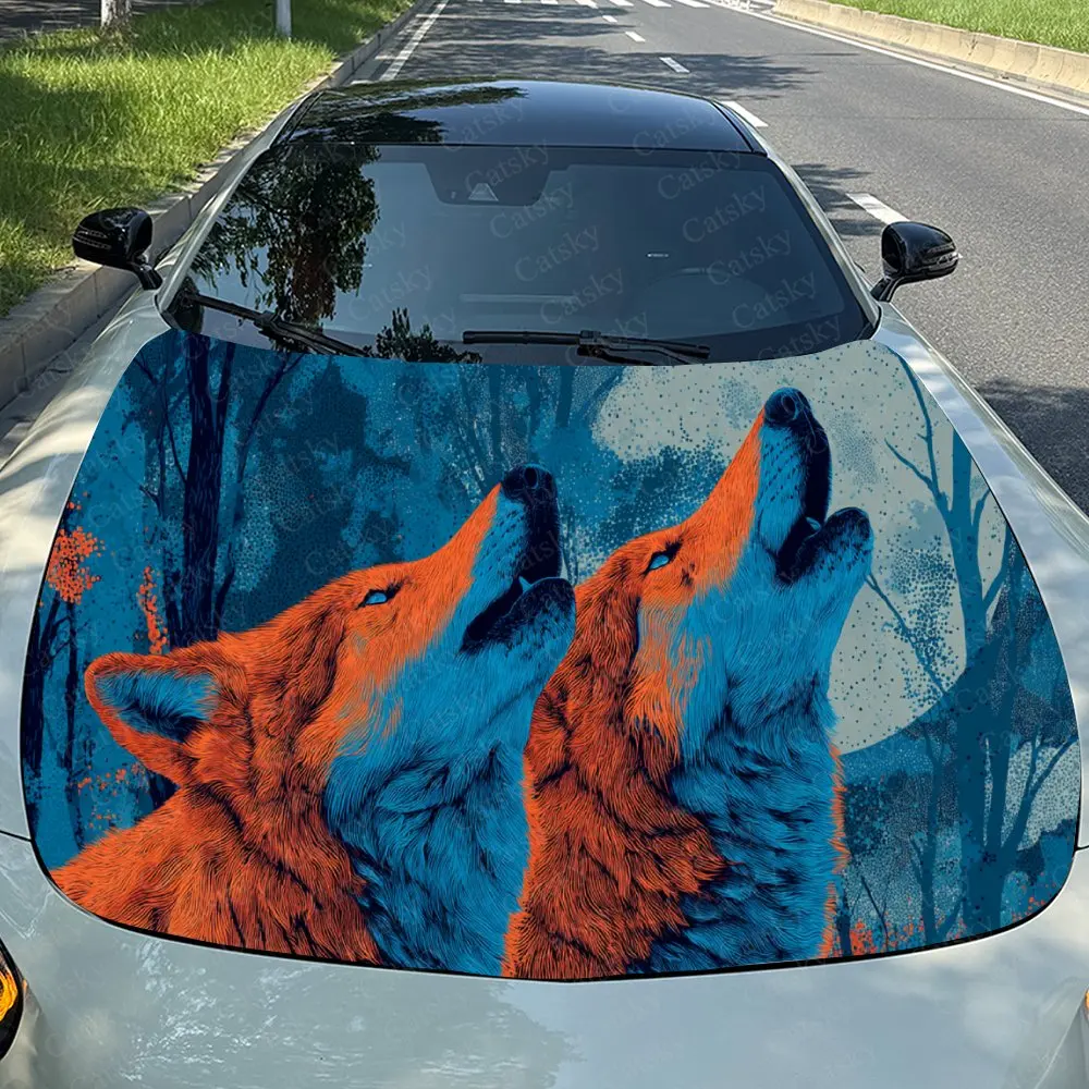 

Car Decal Howling Wolf Duo with Vibrant Color Gradient in Nature-Inspired Design, Creating a Bold and Artistic Visual Car Hood S