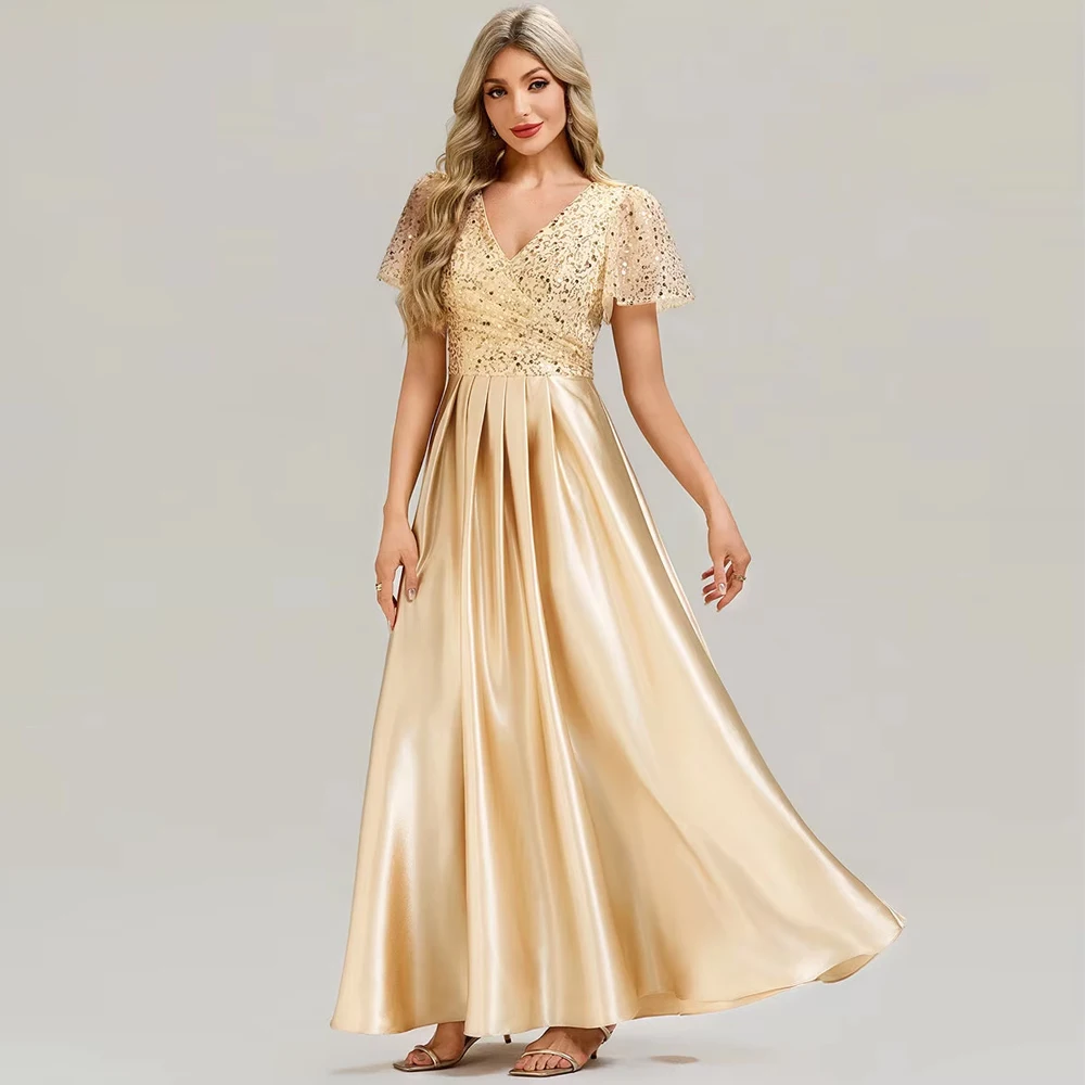 BAZIIINGAAA Party Dress V-Neck Short Sleeve Evening Dress with Ruffle and Sheer Appliques Evening dress