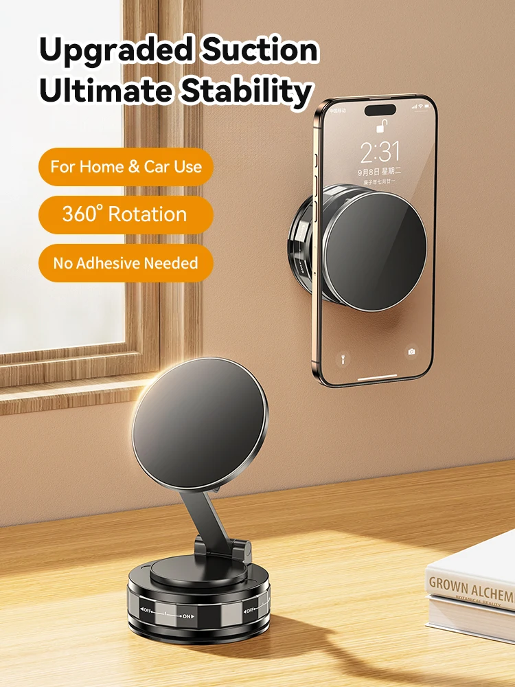 YZ Alloy Magnetic Car Phone Holder, 360° Vacuum Suction Cup, Universal Accessory for Dashboard, Glass, Gym, Kitchen and More