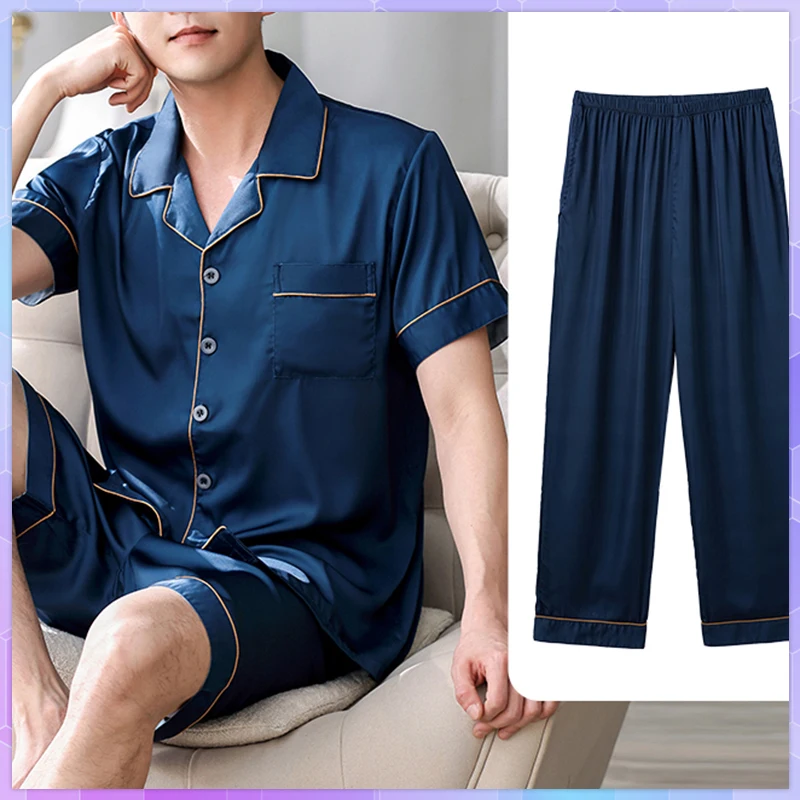 

Pajamas For Men's Pajama With Shorts Set Ice Silk Sleepwear Button Down Tops And Pants 3PC/Sets Pyjama For Summer Home Suit