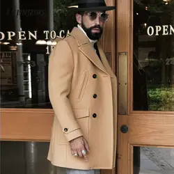 Vintage Mens Woolen Jacket Coat Spring Long Sleeve Buttoned Turn-down Collar Woolen Outerwear For Men Winter Casual Slim Outfits