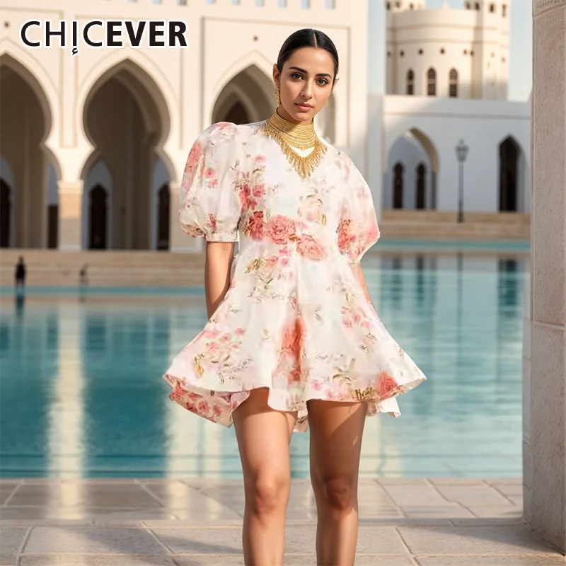 

CHICEVER Colorblock Elegant Formal Dresses For Women V Neck Puff Sleeve High Waist Printing Mini Dress Female Fashion Clothing