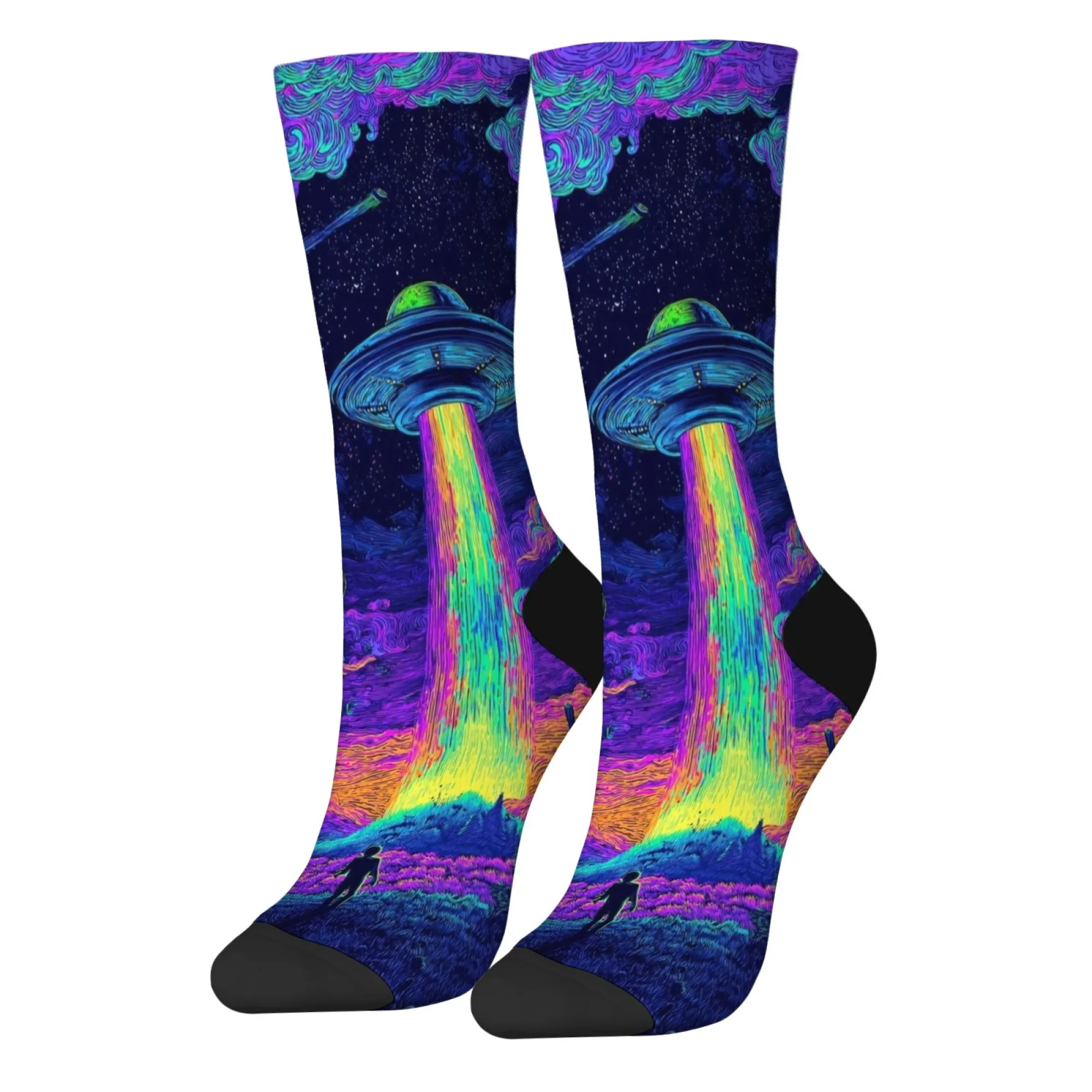 نيون Harajuku نمط الخيال العلمي UFO الرجال طاقم الجوارب مخدر قوس قزح ضوء شعاع والسماء المرصعة بالنجوم طباعة للجنسين العصرية الجوارب الموضة