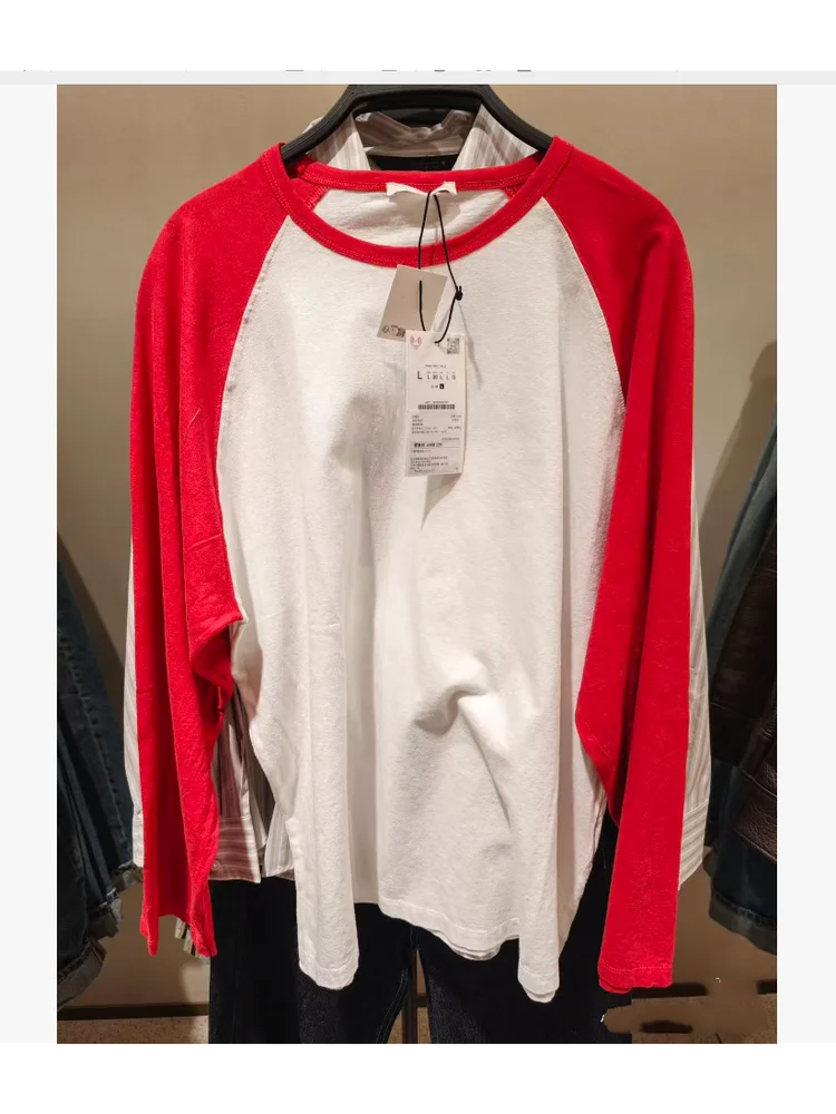 

Spring 2026 Women's Slim Fit round Ne Long Sve T-irt Color Blo Casual Sle Cotton Top Vintage American Retro Sle