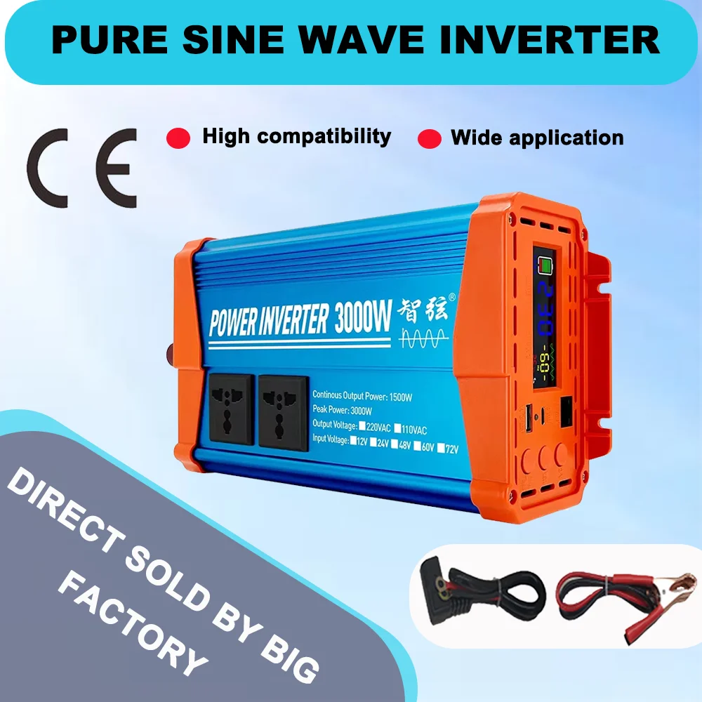 Pure Sine Wave Inverter，Car Power Inverter AC 220v  DC 48v60v 3000W SMART LED DISPLAYsine Wave Car Inverter Charger