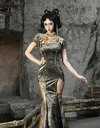 Rifornimento di sangue originale nuovo cinese Cheongsam vestito sottile cravatta nappa Jacquard tunica vita guaina lunga tromba abiti Festival