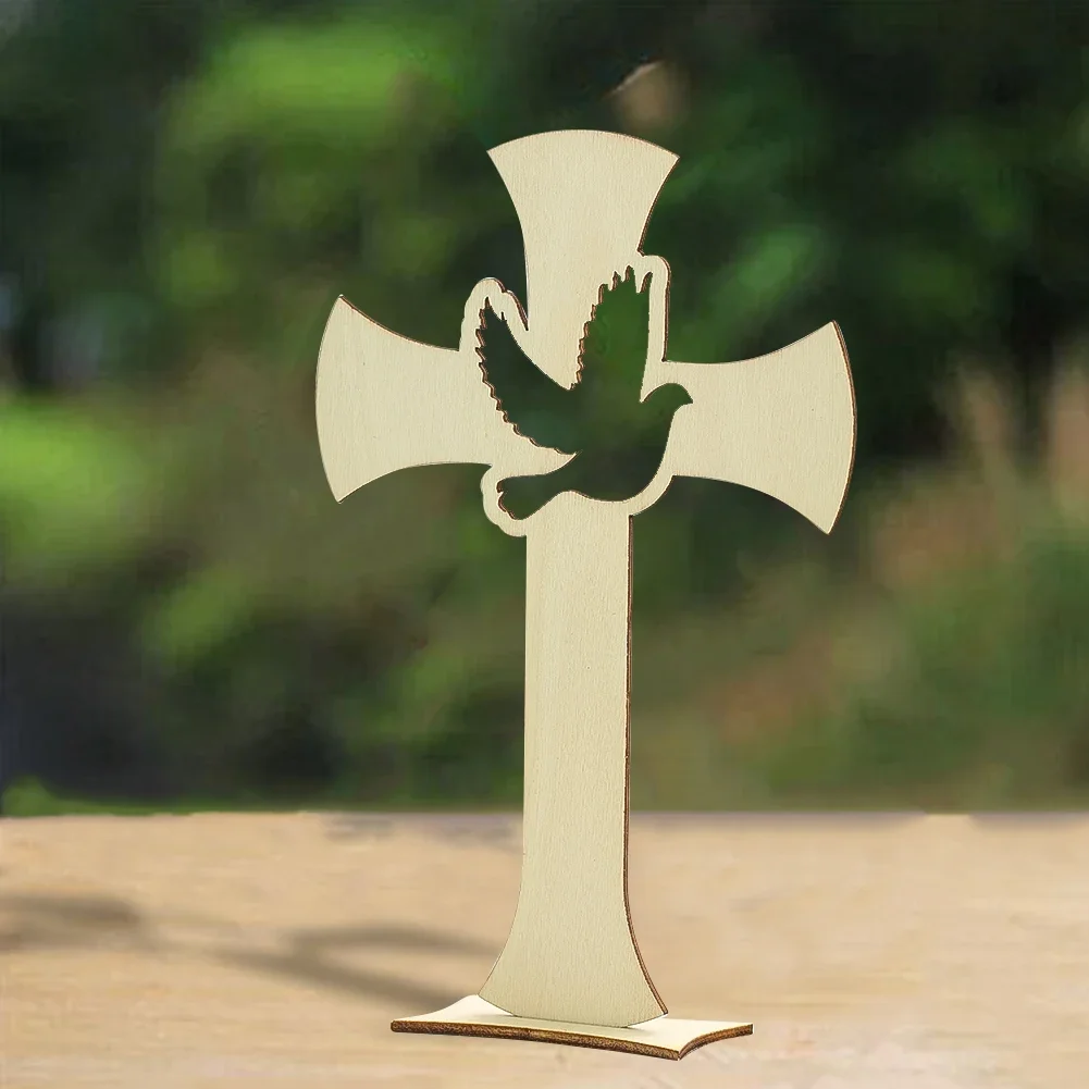 Carved Wooden Cross with Peace Dove Christian Faith Tabletop Ornament Spiritual Desk Display Religious Blessing Home Decor