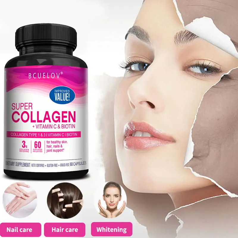 Super Collagen, Vitamin C and Biotin to promote healthy skin and support hair, nails and joint health