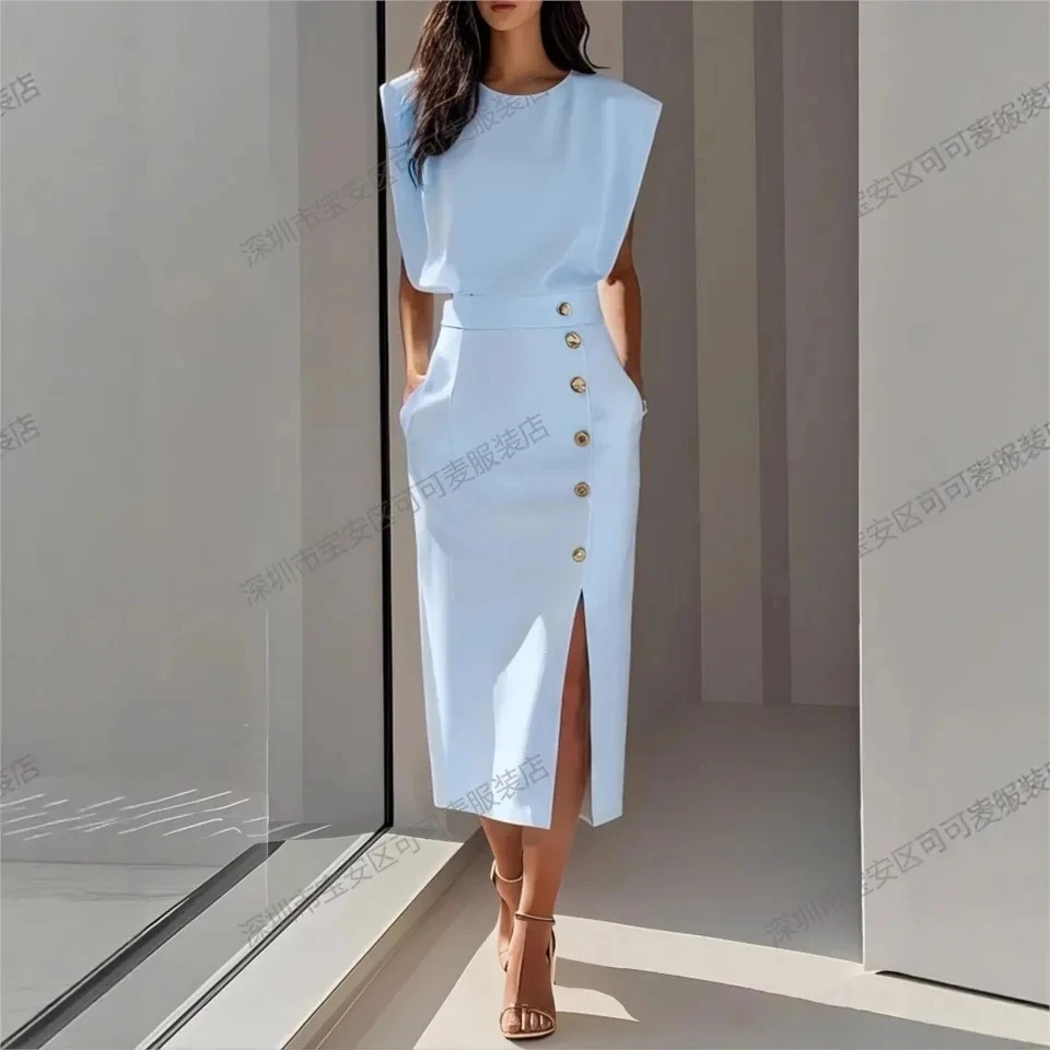 

Elegant Ladies Waist Tightening Slit Metal Button Dresses Summer New Slim Sleeveless Pocket Women's Office Dress 2025