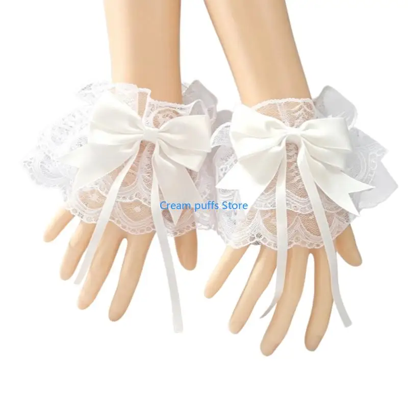 50LE Costume Lace Wrist Accessories Satined Bowknot Wrist Cuffs Sleeves for Gothic Dress Up