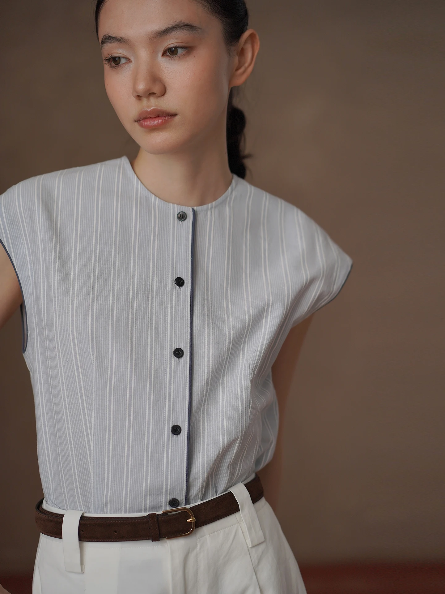 Slimming Effect 100% Cotton Shirt with Button Detail And Flying Sleeve for Women Natural Stripes Design Comfortable Casual Top